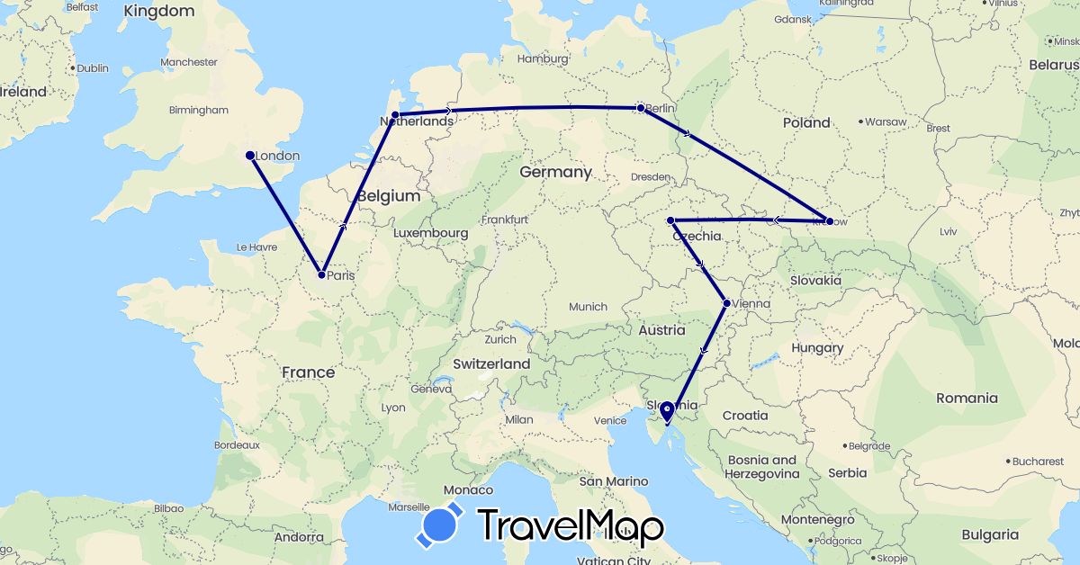 TravelMap itinerary: driving in Austria, Czech Republic, Germany, France, United Kingdom, Croatia, Netherlands, Poland (Europe)